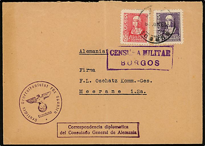 30 cts. og 40 cts. Isabel på brev fra det tyske generalkonsulat i Burgos d. 13.5.1939 til Meerane, Tyskland. Passér stemplet ved den spanske censur i Burgos.