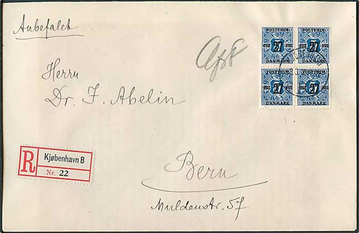 27/5 øre Provisorium i fireblok på anbefalet brev fra Kjøbenhavn d. 8.3.1919 til Bern, Schweiz. Påskrevet: Afs. fr..
