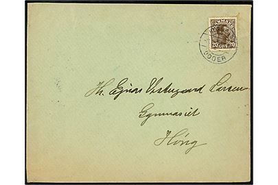 20 øre Chr. X på brev annulleret med bureaustempel Horsens - Odder T.18 d. 8.2.1926 til Høng.