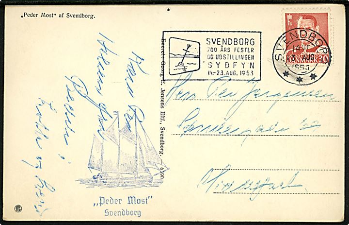 30 øre Fr. IX på brevkort (Sejlskibet Peder Most) annulleret med TMS Svendborg 700 års fester og udstillingen Sydfyn 14.-23. aug. 1953/Svendborg *** d. 13.8.1953 og sidestemplet Peder Most Svendborg til Middelfart. Nålehul.