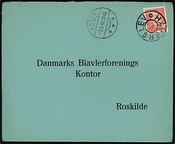 20 øre Fr. IX på brev annulleret med udslebet stjernestempel HAVERSLEV og sidestemplet Arden d. 5.6.1948 til Roskilde.