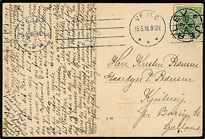 5 øre Chr. X på brevkort annulleret med stjernestempel JERLEV og sidestemplet Vejle d. 15.5.1918 til Borup.