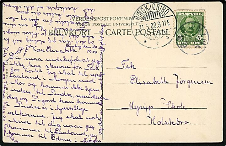 5 øre Fr. VIII på brevkort med hj.skade annulleret med stjernestempel BREJNING og sidestemplet Ringkjøbing d. 21.5.1908 til Holstebro.