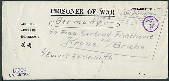 Ufrankeret krigsfange foldebrev stemplet New York d. 12.10.1943 til Krone, Tyskland. Fra tysk krigsfange i amerikansk krigsfangelejr Camp Tonkawa. Både tysk og amerikansk censur.