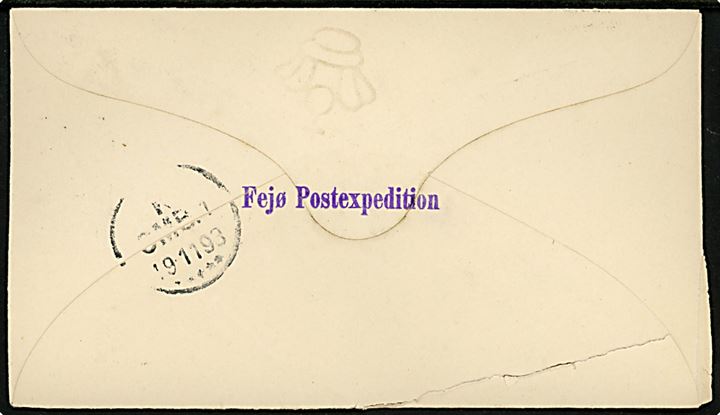 8 øre helsagskuvert annulleret med lapidar Feiø d. 18.11.1893 til Finansministeriet i Kjøbenhavn. På bagsiden violet afs.stempel: Fejø Postexpedition.