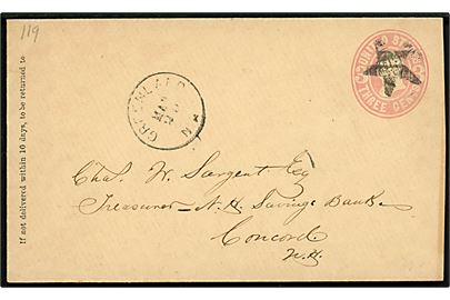 3 cents Washington helsagskuvert annulleret med stumt stjernestempel og sidestemplet Greenland N.H. d. 20.3.18xx til Concord, N. H.