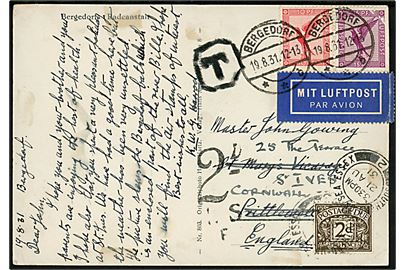 10 pfg. og 15 pfg. Luftpost på underfrankeret luftpost brevkort fra Bergedorf d. 19.8.1931 til England. Udtakseret i porto med britisk 2d Portomærke. Et mærke med skade.
