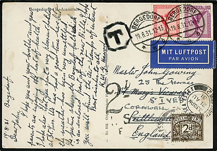 10 pfg. og 15 pfg. Luftpost på underfrankeret luftpost brevkort fra Bergedorf d. 19.8.1931 til England. Udtakseret i porto med britisk 2d Portomærke. Et mærke med skade.