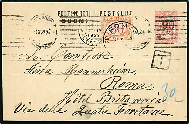 90/20 p. provisorisk helsagsbrevkort sendt underfrankeret fra Helsingfors d. 22.3.1922 til Rom, Italien. sort T-stempel og udtakseret i porto med 30 cts. italiensk portomærke stemplet i Rom d. 8.4.1922.