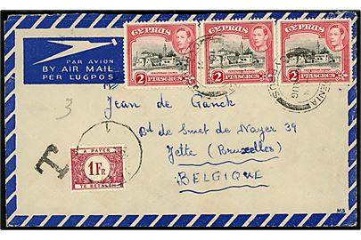 2 pia. George VI (3) på underfrankeret luftpostbrev fra Kyrenia d. 10.8.1951 til Jette, Belgien. Udtakseret i porto med 1 fr. belgisk portomærke. 