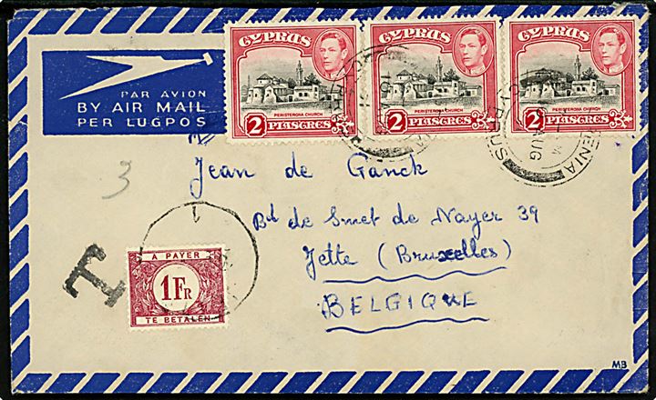 2 pia. George VI (3) på underfrankeret luftpostbrev fra Kyrenia d. 10.8.1951 til Jette, Belgien. Udtakseret i porto med 1 fr. belgisk portomærke. 
