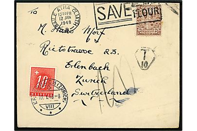 2½ p. single på underfrankeret brev fra Dublin d. 12.1.1948 til Erlenbach pr. Zürich, Schweiz. Udtakseret i porto med 10 c. Portomærke stemplet i Erlenbach d. 19.1.1948.