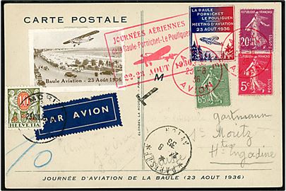 Blandingsfrankeret luftpostkort (Aero-Club de l'Atlantique) med flyvningsmærkater sendt sim underfrankeret luftpost fra La Baule d. 23.8.1936 via Paris til St. Mouritz, Schweiz. Udtakseret i porto med 10 c. Portomærke.