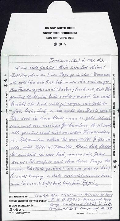 Ufrankeret krigsfange foldebrev stemplet New York d. 12.10.1943 til Krone, Tyskland. Fra tysk krigsfange i amerikansk krigsfangelejr Camp Tonkawa. Både tysk og amerikansk censur.