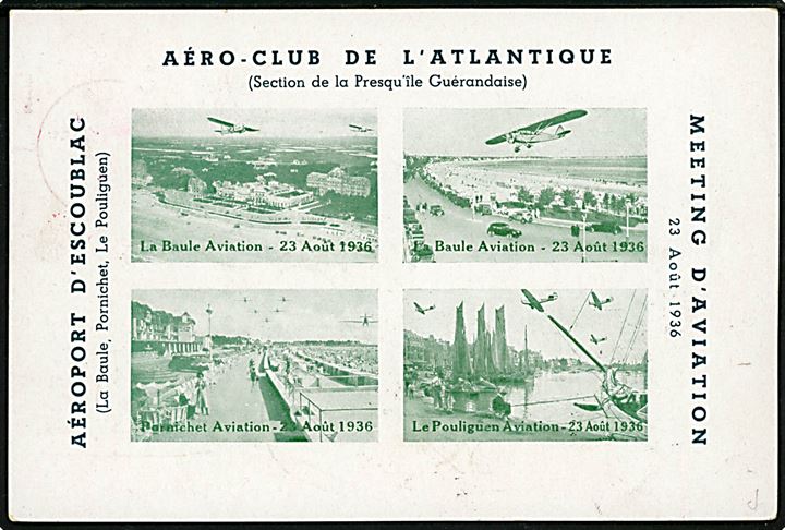 Blandingsfrankeret luftpostkort (Aero-Club de l'Atlantique) med flyvningsmærkater sendt sim underfrankeret luftpost fra La Baule d. 23.8.1936 via Paris til St. Mouritz, Schweiz. Udtakseret i porto med 10 c. Portomærke.