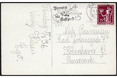 15 pfennig på postkort Flensborg d. 1.3.1936 til København.