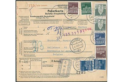 Bygnings udg. på internationalt adressekort for pakke fra Liesborn d. 3.1.1969 til Westmaal b/ Antwerpen, Belgien.