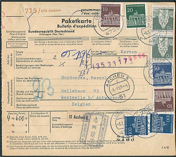 Bygnings udg. på internationalt adressekort for pakke fra Liesborn d. 3.1.1969 til Westmaal b/ Antwerpen, Belgien.