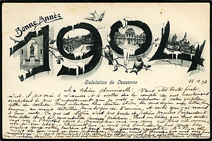 Lausanne. Nytårskort med årstal 1904. Annulleret med Lausanne barberbladsstempel d. 29.12.1903.