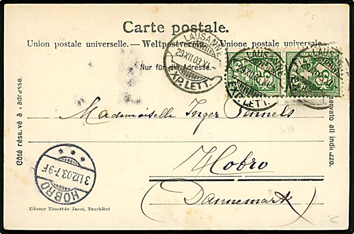 Lausanne. Nytårskort med årstal 1904. Annulleret med Lausanne barberbladsstempel d. 29.12.1903.