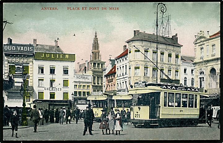Anvers. Place et Pone De Meir med flere sporvogne. 