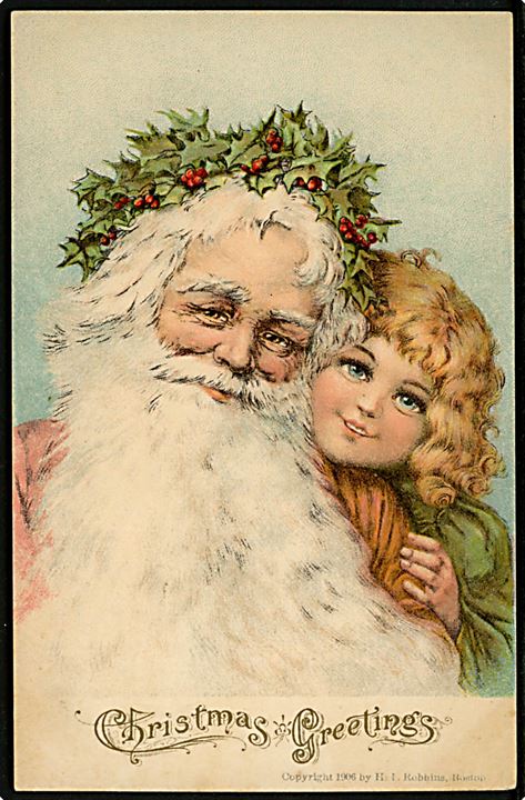 Julekort med julemand og pige. H.I. Robbins u/no. 