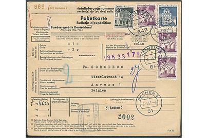 Bygnings udg. på internationalt adressekort for pakke fra Kelheim d. 2.1.1969 til Antwerpen, Belgien.