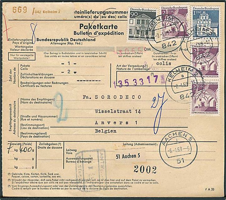 Bygnings udg. på internationalt adressekort for pakke fra Kelheim d. 2.1.1969 til Antwerpen, Belgien.