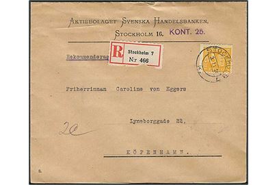 35 øre Posthorn single på anbefalet brev fra Stockholm d. 3.11.1926 til København, Danmark.