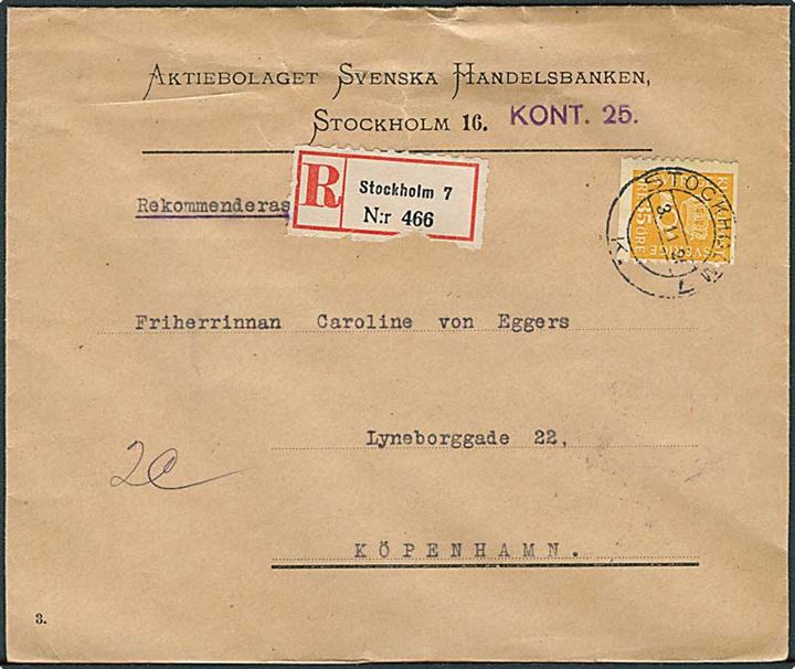 35 øre Posthorn single på anbefalet brev fra Stockholm d. 3.11.1926 til København, Danmark.