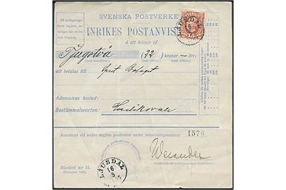 15 öre Oscar på inrikes Postanvisning fra Ljusdal d. 16.5.1904 til Hudriksvall.
