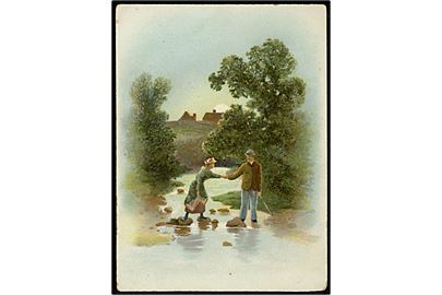 Albert E. Bowers: Kartonkort, Mand hjælper kvinde over et vandløb. (9x12 cm).