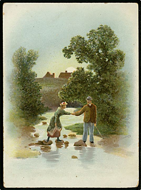 Albert E. Bowers: Kartonkort, Mand hjælper kvinde over et vandløb. (9x12 cm).