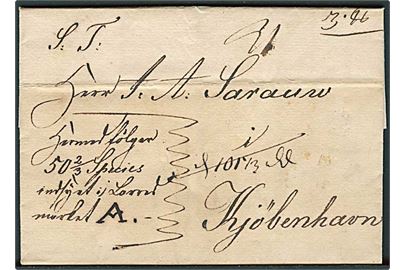 1837. Følgebrev for værdipakke med 50 2/3 Species dateret Altona d. 20.9.1837 til Kjøbenhavn. Flere påtegninger på for- og bagside.