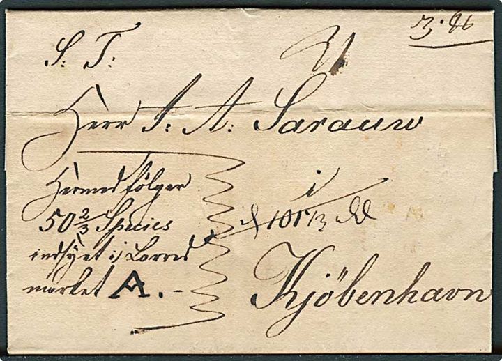 1837. Følgebrev for værdipakke med 50 2/3 Species dateret Altona d. 20.9.1837 til Kjøbenhavn. Flere påtegninger på for- og bagside.