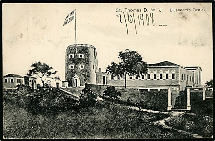 D.V.I., St. Thomas. Bluebeard Castle. Med 10 bit Chr. IX, annulleret St. Thomas d. 09.06.1908, til Ribe, Danmark (Via New York).