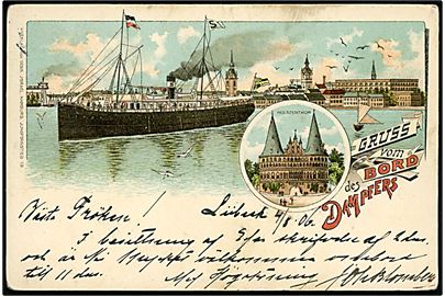 Lübeck, Gruss vom Bord des Dampfers med dampskib og Holstenthor. Gebr. Jsrael u/no.