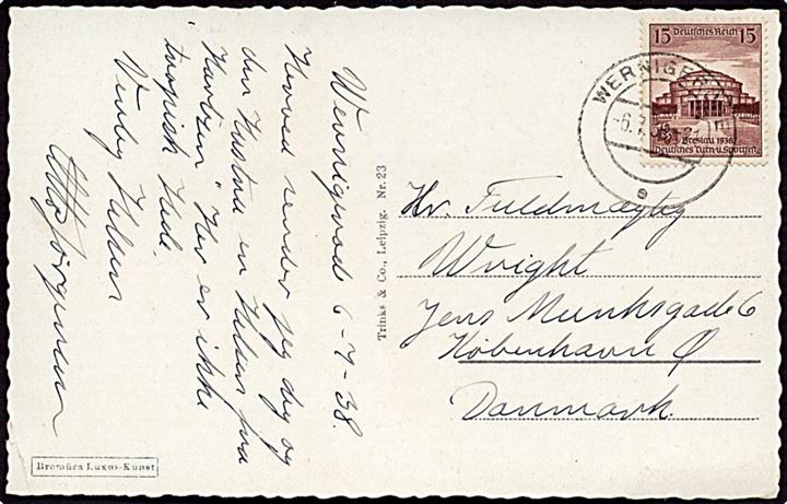 15 pfennig brun på postkort Wernigerode d. 6.7.1938 til København.