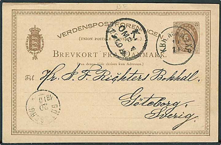 6 øre helsags brevkort annulleret med lapidar KBH.NØRB.EXP. d. 19.10.1884 til Göteborg, Sverige. På bagsiden privat tiltryk fra firma Carl Aller.