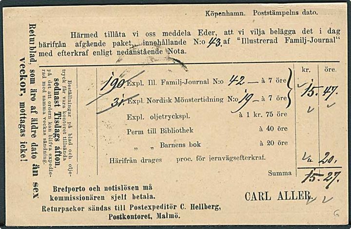 6 øre helsags brevkort annulleret med lapidar KBH.NØRB.EXP. d. 19.10.1884 til Göteborg, Sverige. På bagsiden privat tiltryk fra firma Carl Aller.