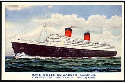 Queen Elizabeth, Cunard Line. Tegnet af J. Nicholson.