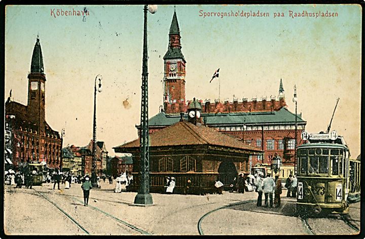 Købh., Raadhuspladsen med ventesal og sporvogn linie 14. Ed. F. Ph. no. 715.