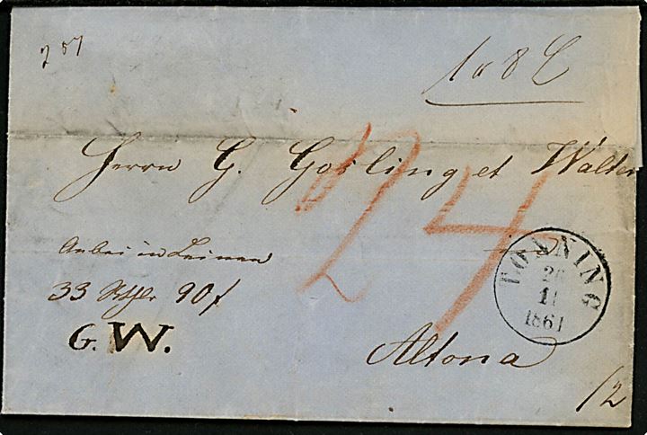 1861. Ufrankeret pakkefølgebrev med antiqua Tønning d. 26.11.1861 til Altona. Påskrevet 24 sk. porto.