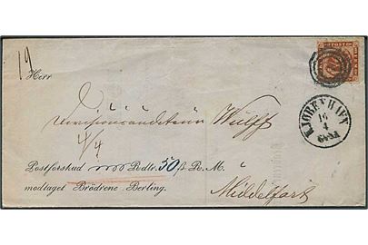 4 sk. stukken kant på brev med postforskud annulleret med nr.stempel 1 og sidestemplet Kjøbenhavn d. 16.4.1864 til Middelfart.