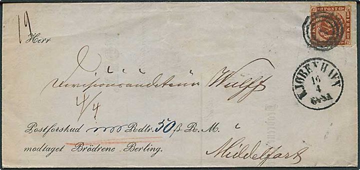 4 sk. stukken kant på brev med postforskud annulleret med nr.stempel 1 og sidestemplet Kjøbenhavn d. 16.4.1864 til Middelfart.
