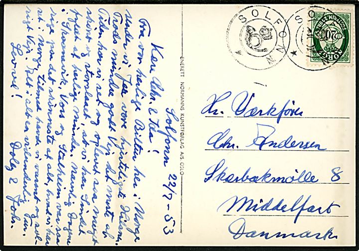 20 øre Posthorn på brevkort (Fyksesund bro) dateret d. 22.7.1953 og annulleret med kronet posthornstempel SOLFONN til Middelfart, Danmark.