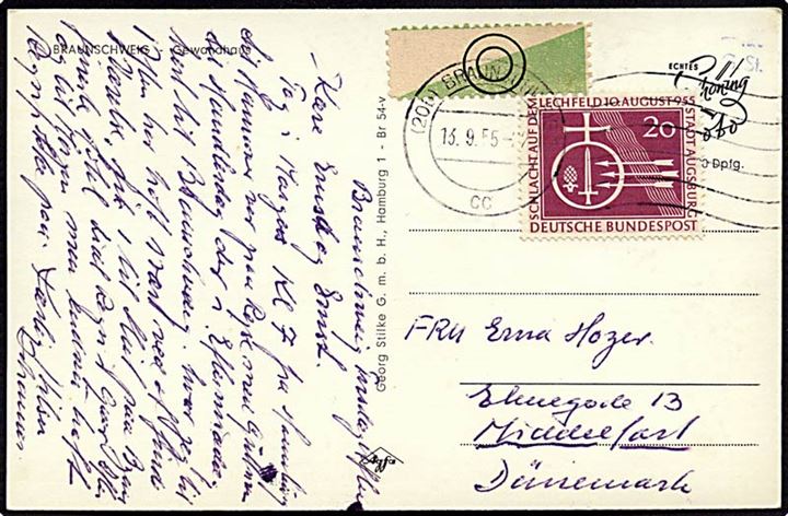 20 pfennig på postkort fra Braunschweig d. 13.9.1955 til Middelfart.