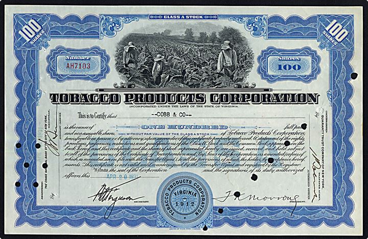 Amerikansk illustreret aktie fra Tobacco Products Corporation dateret d. 20.4.1931.