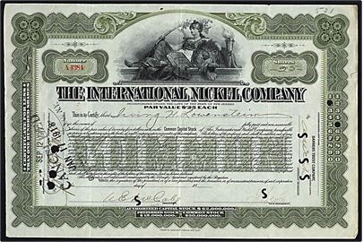 Amerikansk illustreret aktie fra The International Nickel Company dateret d. 12.9.1917
