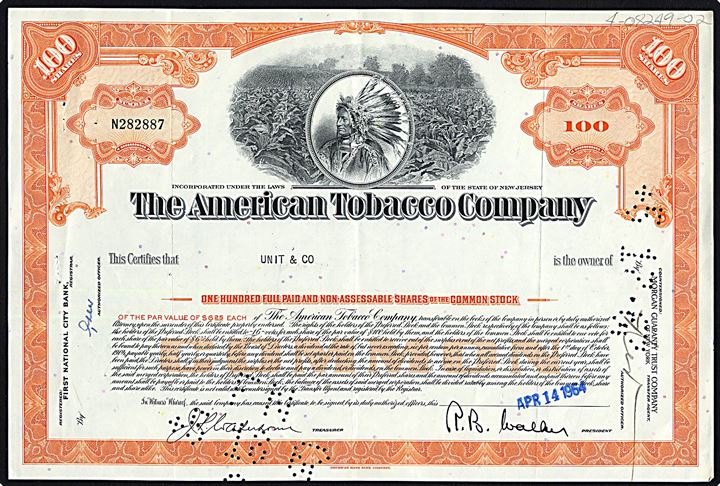 Amerikansk illustreret aktie fra The American Tobacco Company dateret d. 14.4.1954.